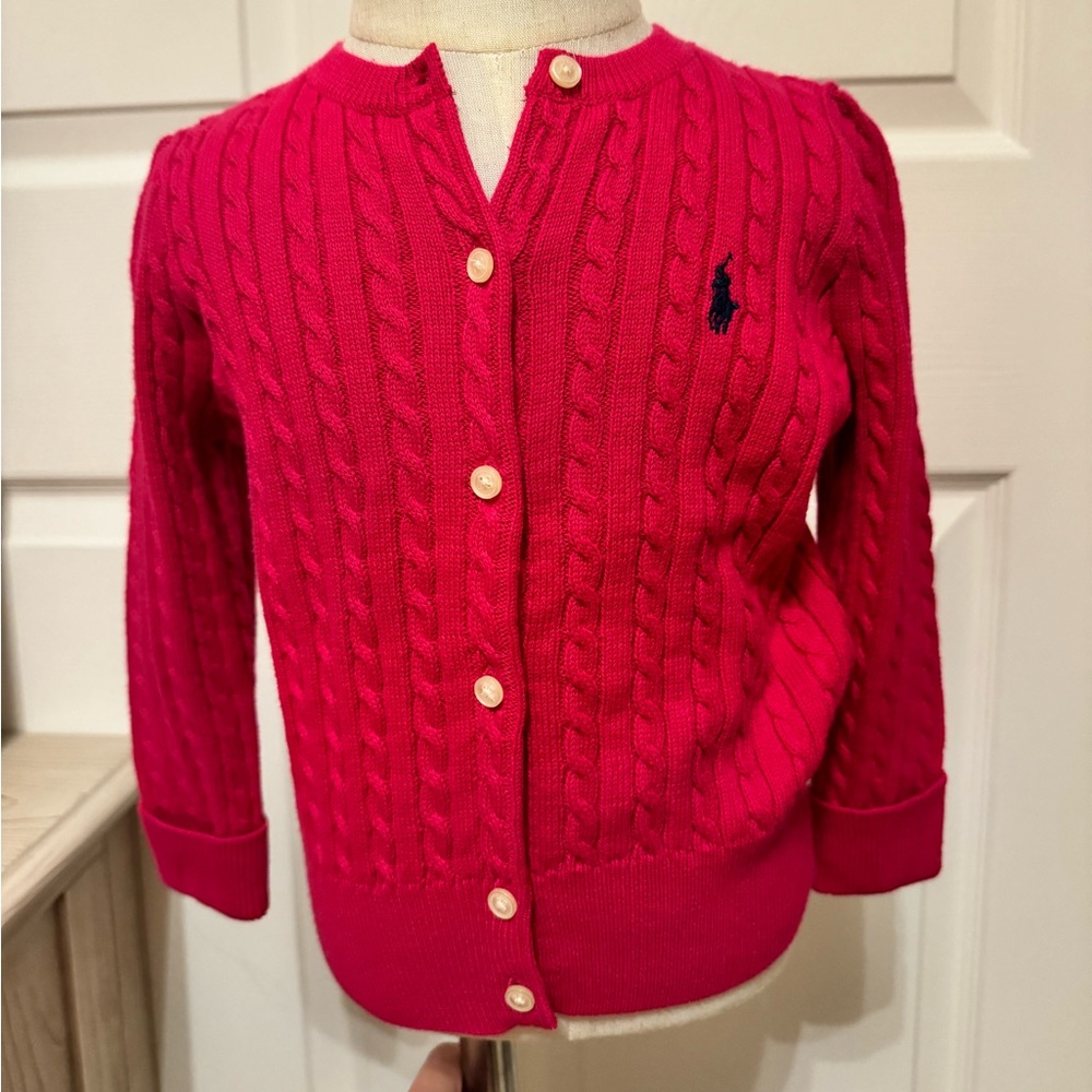 Polo Ralph Lauren Toddler Girls Cable Knit cotton cardigan hot pink/fuchsia